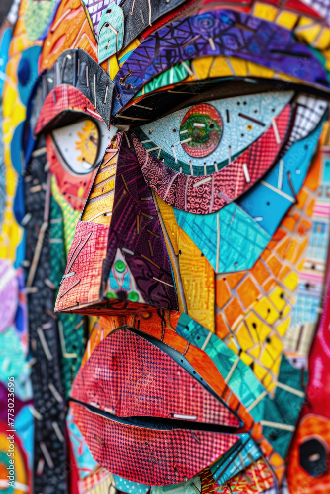 Fototapeta premium A detailed close-up of a human face meticulously constructed using paper cutouts, showcasing intricate details and textures
