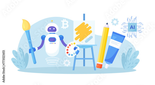 Robot painting creating artwork. Artificial intelligence generating stunning works of art. Robotic technologies in hobbies. AI artist standing and drawing picture with brush