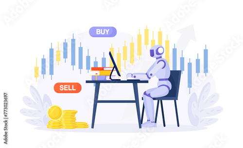 Artificial intelligence, robot trader. Trading bot analyze cryptocurrency market data, financial exchange, earning profit. AI for automation trading on stock market