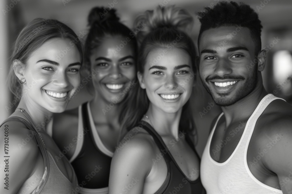 Group of Smiling People in a Gymnasium Enjoying a Workout Session Together and Showing Team Spirit Group of Smiling People in a Gymnasium Enjoying a Workout Session Together and Showing Team Spirit