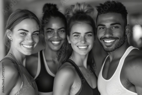 Group of Smiling People in a Gymnasium Enjoying a Workout Session Together and Showing Team Spirit