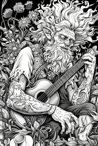 A mystical forest elder with a flowing beard strums a guitar surrounded by lush vegetation