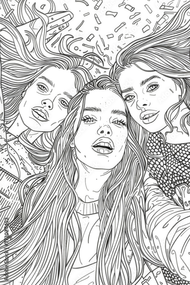 Hand-drawn artwork of three young women in a selfie pose surrounded by confetti Hand-drawn artwork of three young women in a selfie pose surrounded by confetti