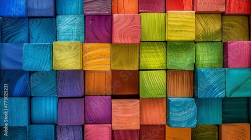 Vibrant spectrum of stacked wooden blocks - conceptual background for creativity, diversity, and growth