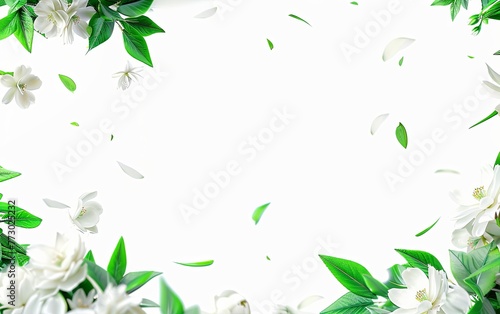 White background, green leaves and white flowers flying in the air, simple composition