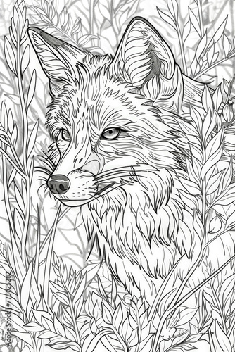 A detailed drawing of a fox situated in a dense forest setting, surrounded by tall trees and undergrowth