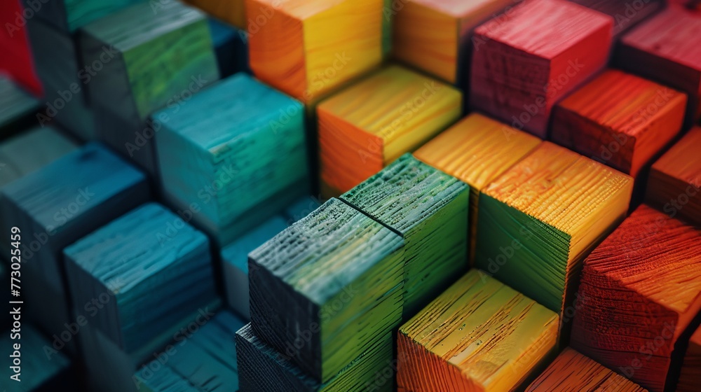 Fototapeta premium Vibrant spectrum of stacked wooden blocks - conceptual background for creativity, diversity, and growth