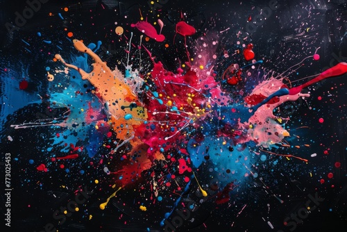 Multicolored paint splatters exploding on black background  abstract artistic design  creative mess  digital art
