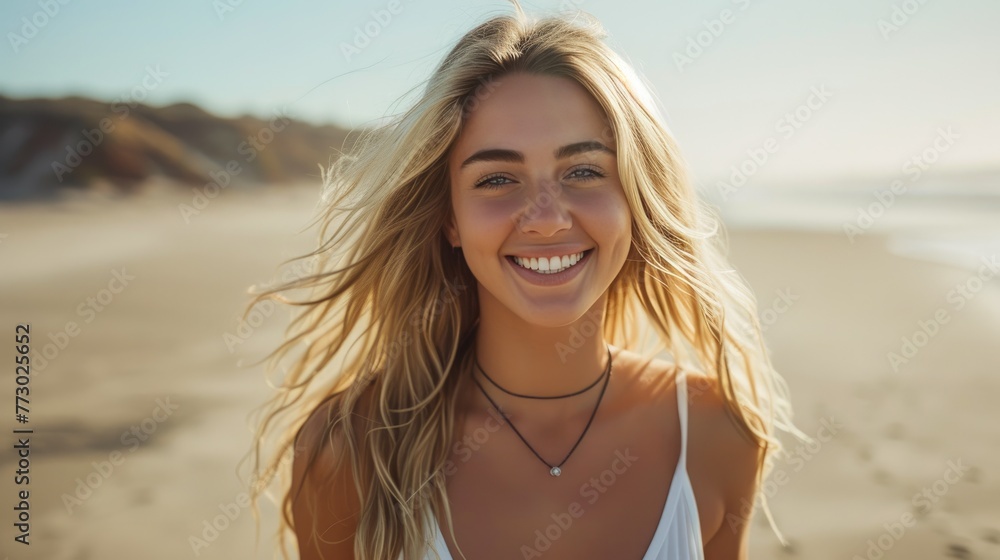 Captivating Beach Charm: Smiling 40-Year-Old Woman Captivating Beach Charm: Smiling 40-Year-Old Woman