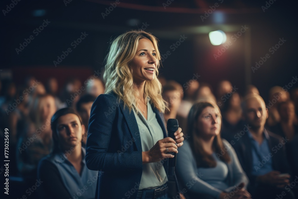 Dynamic Speaker: Middle-Aged Woman with Long Blond Hair
