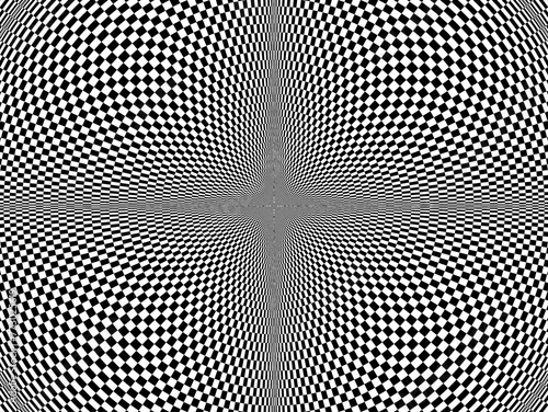 Wypukła geometryczna tekstura 3d w lustrzanym odbiciu podzielona na cztery wybrzuszone sferyczne strefy o wzorze biało - czarnej szachownicy. Abstrakcyjne tło © ellaa44