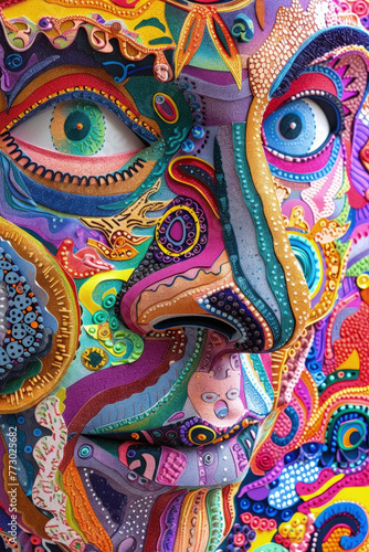 Detailed close-up of a persons face meticulously created using vibrant colored paper, showcasing intricate craftsmanship and creativity