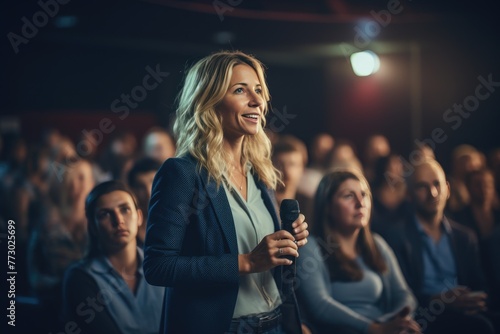 Dynamic Speaker: Middle-Aged Woman with Long Blond Hair