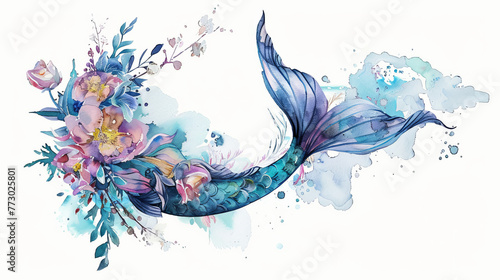A watercolor illustration depicting a mermaid, a mermaid tail, and flower bouquets. This artwork is suitable for various purposes such as wedding invitations, embellishments, handicrafts, stationery
