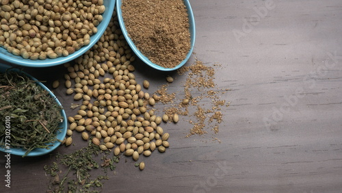 Coriander seeds and coriander Powdered, Indian Spices and herbs.