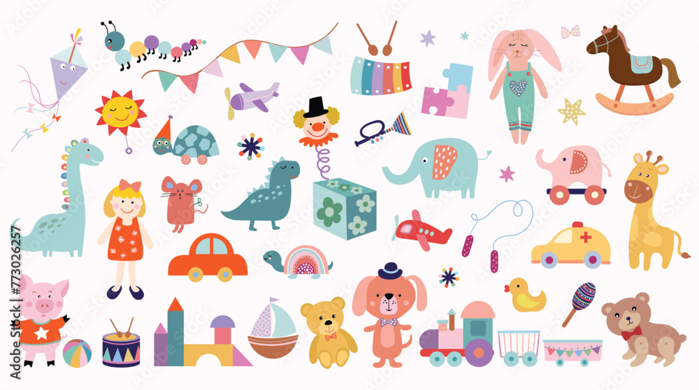 Cute animals and toys collection, childish elements isolated on white, vector design
