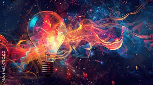 Colorful glowing light bulb lamp, visualization of brainstorming, bright idea and creative thinking and imagination, finding solution concept background photo