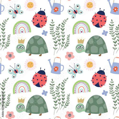 Childish seamless pattern with cute design for kids, turtles, ladybirds, butterflies and rainbows © lilett