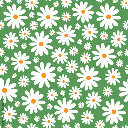 Decorative abstract seamless pattern with white daisy on green background, decorative modern wallpaper © lilett