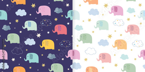 Childish seamless patterns set with cute colorful elephants, dreamy wallpaper, kids room background © lilett