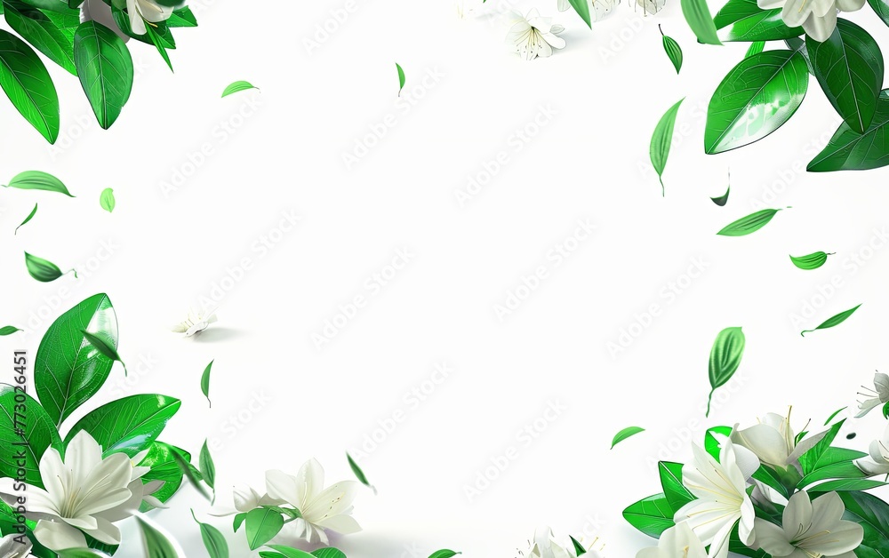 White background, green leaves and white flowers flying in the air, simple composition White background, green leaves and white flowers flying in the air, simple composition