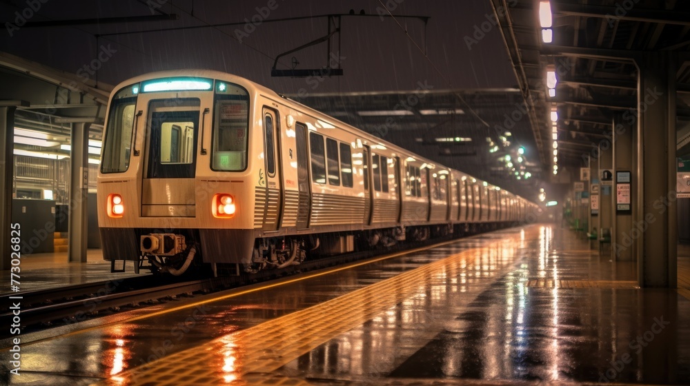 airport via Osaka loop line train coming to the station in a heavy rain and low light