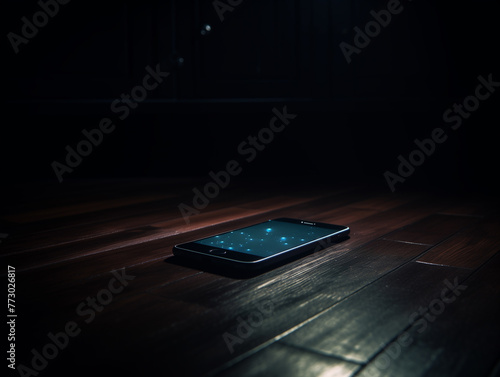 a photo of a blinking smart phone on the floor of a completely dark totally black room photo