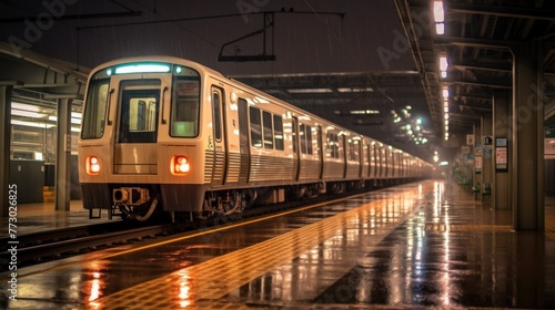 airport via Osaka loop line train coming to the station in a heavy rain and low light