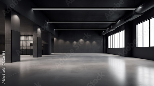 front view, large concrete room, modern architecture for background