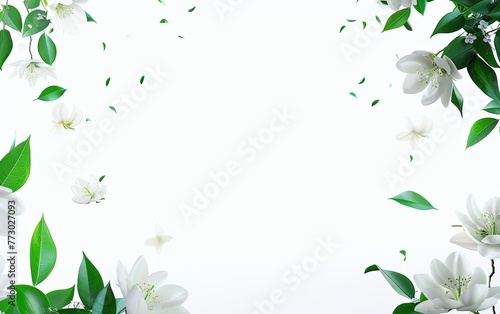 Wallpaper Mural White background, green leaves and white flowers flying in the air, simple composition Torontodigital.ca