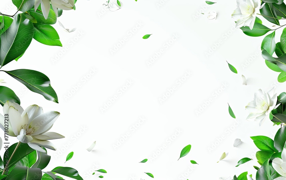 White background, green leaves and white flowers flying in the air, simple composition White background, green leaves and white flowers flying in the air, simple composition