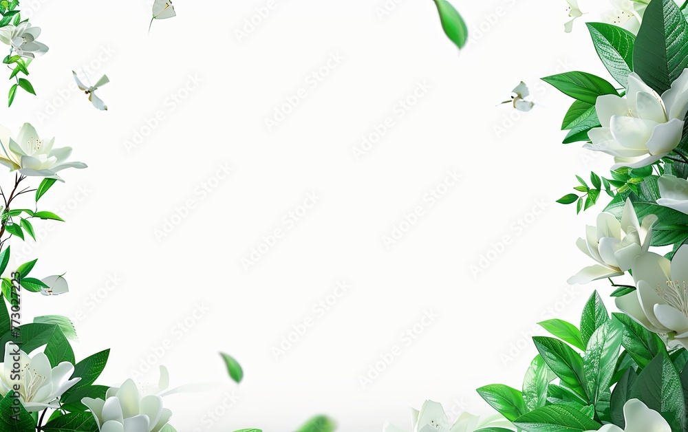White background, green leaves and white flowers flying in the air, simple composition White background, green leaves and white flowers flying in the air, simple composition