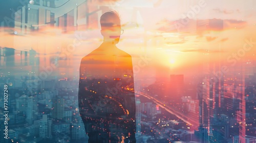 Businessman contemplating future prospects at dawn: a double exposure visual blending urban skyline and sunrise