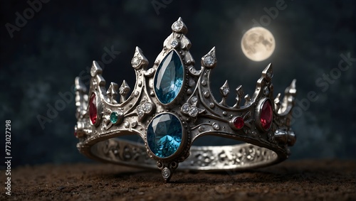 A radiant crown forged from mythical silver, each point shimmering with a different gemstone, under the full moon's light Generative AI