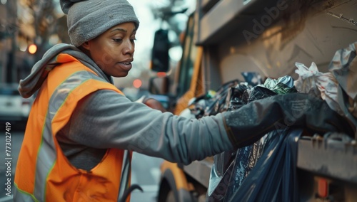 A Department of Sanitation worker cleans up trash in a local community. BRONX, NEW YORK USA