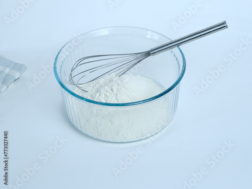 A close-up of some flour in a glass dish. March 1, 2024 - Paris, France.