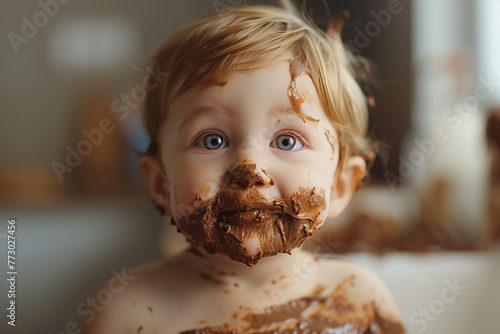 Baby with face covered in chocolate. Portrait of adorable small baby girl eating chocolate. Background with copy space.