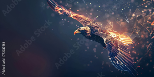 A high speed modern wireframe concept of a gold eagle fleeing in the sky of a starry night 