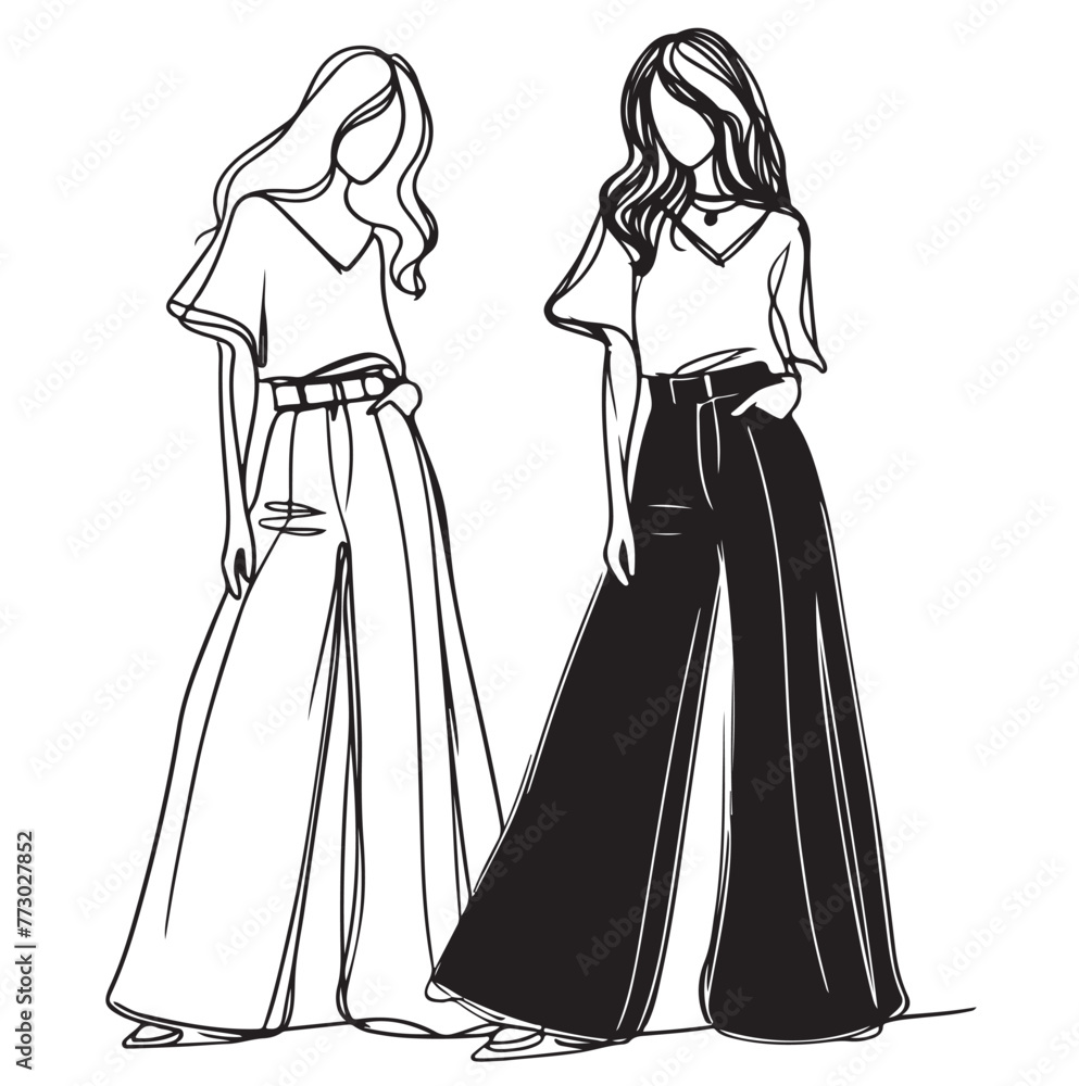 Girls in Flared black Pants. Fashion sketch Girls in Flared black Pants. Fashion sketch