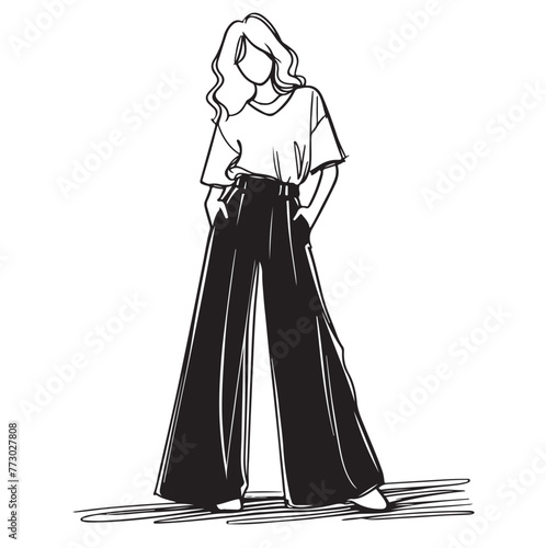 Girls in Flared black Pants. Fashion sketch