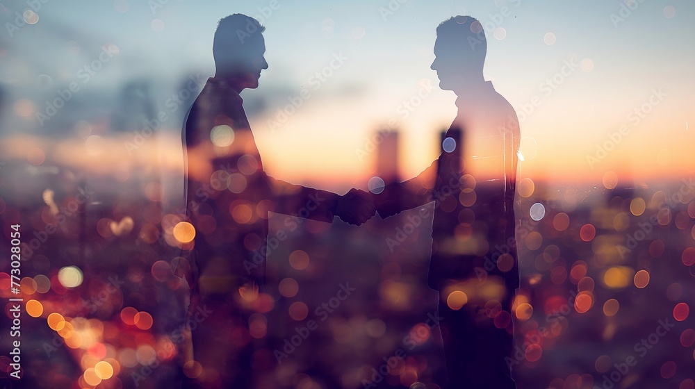 Two business people, a man and a woman, double exposure, scene shaking hands and discussing business cooperation in front of city office building, successful cooperation in business deal, corporate te - obrazy, fototapety, plakaty 