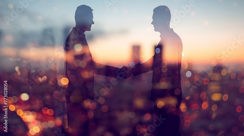 Two business people, a man and a woman, double exposure, scene shaking hands and discussing business cooperation in front of city office building, successful cooperation in business deal, corporate te photo