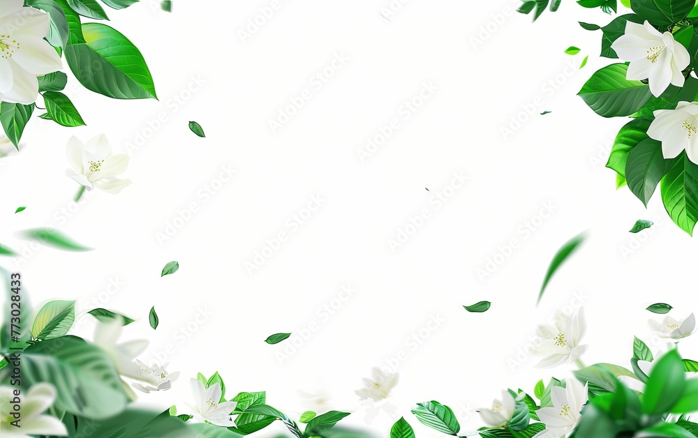 Fototapeta premium White background, green leaves and white flowers flying in the air, simple composition
