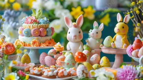 Easter-themed desserts  including bunny-shaped cookies and decorated cakes  create a sweet celebration centerpiece.
