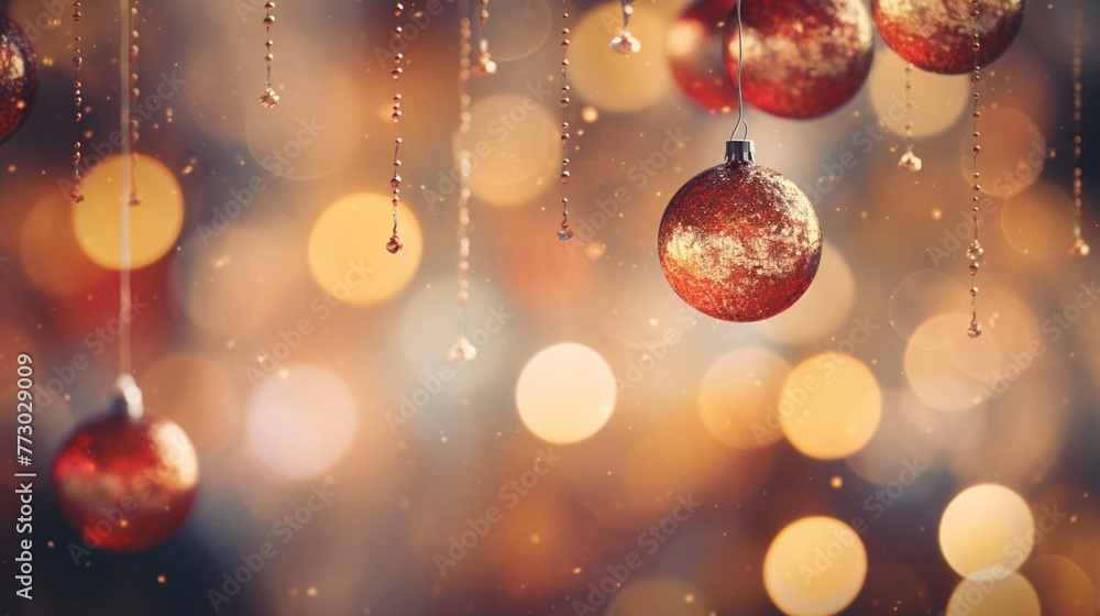 Merry Christmas and Happy New Year festive background. Ball hanging on spruce, fir branch, shiny bokeh. Generative AI Merry Christmas and Happy New Year festive background. Ball hanging on spruce, fir branch, shiny bokeh. Generative AI