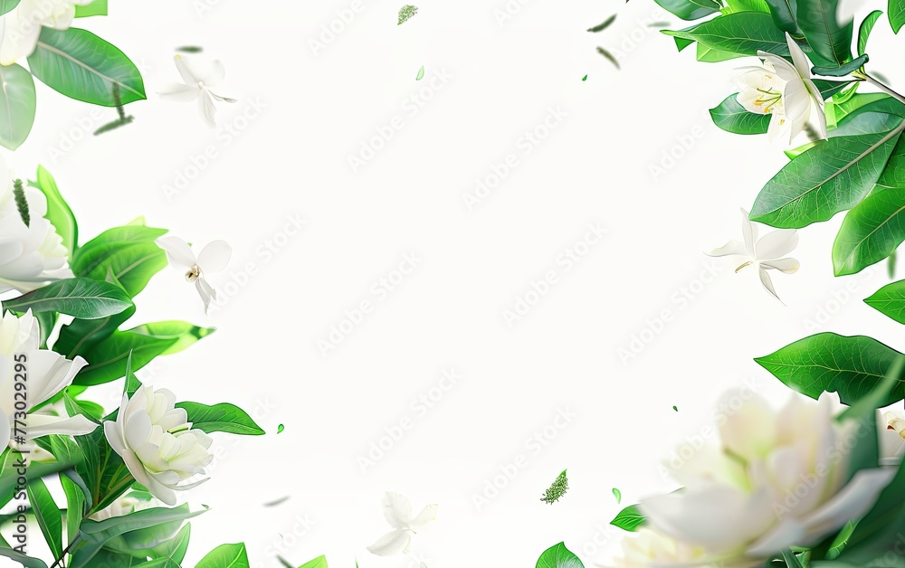 Naklejka premium White background, green leaves and white flowers flying in the air, simple composition