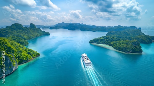 A large cruise ship floating in blue waters. Cruise ship at harbor. Luxury cruise