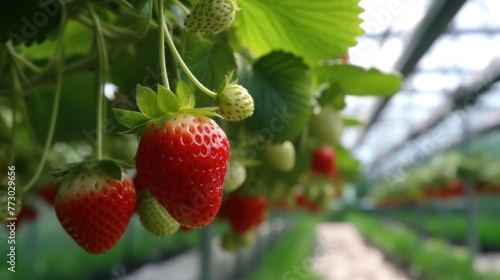 Strawberry growing in a greenhouse. Closeup strawberry plants in the large glasshouse.