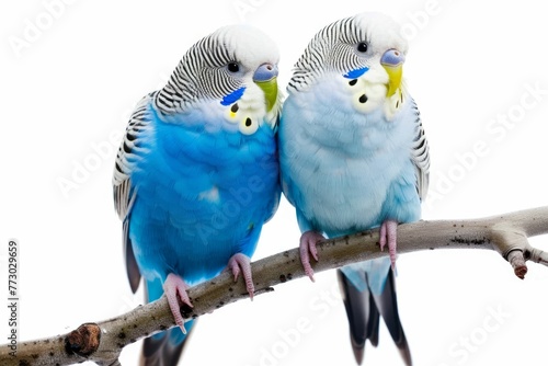 Two Budgies On A Perch,Blue, two Birds on white background