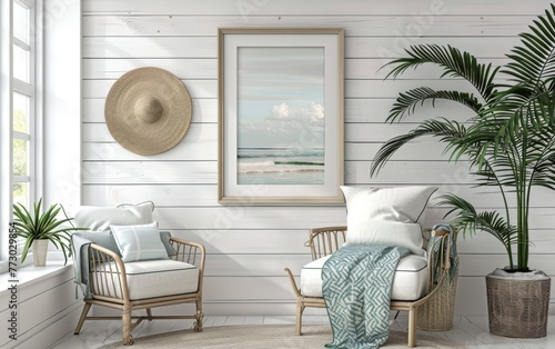 Mockup frame close up in coastal style home interior background, 3d render photo